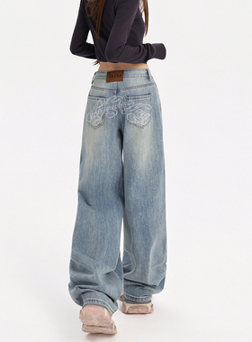 花漾1840浅蓝重工烫钻牛仔裤女新款设计感宽松垂感直筒阔腿裤子