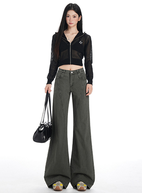 花漾美式复古微喇口袋工装牛仔裤秋季新款高腰宽松阔腿拖地裤女