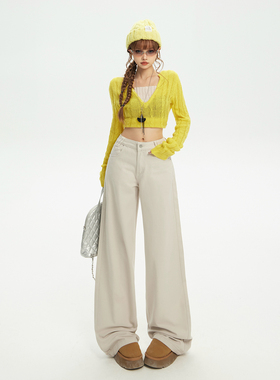 花漾美式复古慵懒宽松阔腿裤垂感拖地百搭直筒牛仔裤女&长裤加长