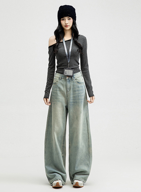 花漾2026年春款美式复古水洗做旧宽松阔腿高腰百搭潮ins牛仔裤女