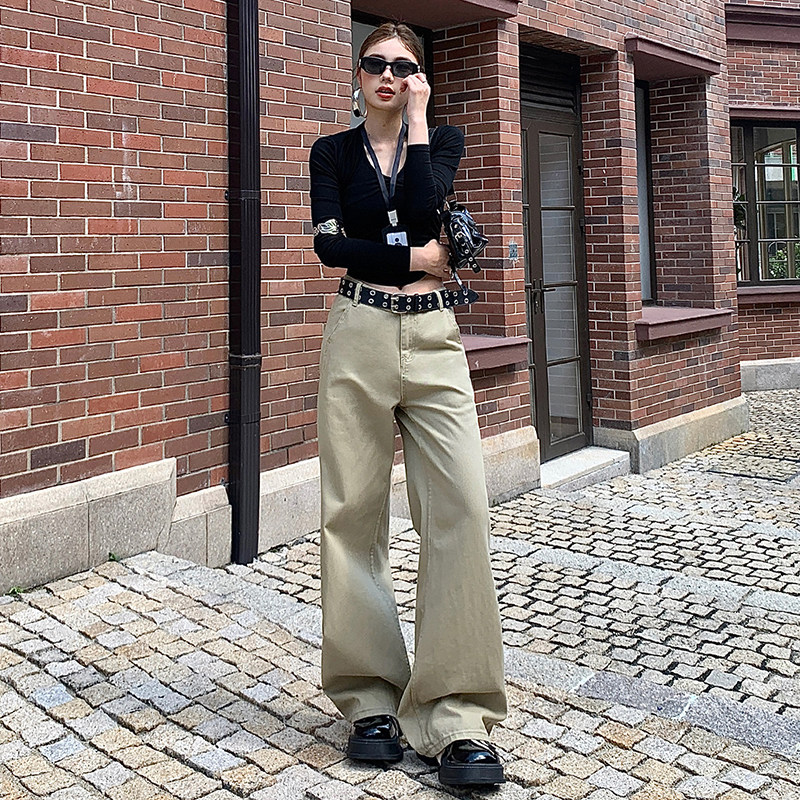 花漾春季新款2026美式卡其色休闲复古宽松阔腿裤拖地直筒牛仔裤女,女装/女士精品,牛仔裤,淘宝优惠券,粉丝福利购,淘宝优惠卷