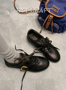 牛皮复古内增高德训鞋女秋冬新款小众百搭黑色小皮鞋女运动休闲鞋