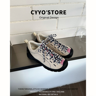 真皮丑萌德训鞋女2026新款百搭拼色系带休闲鞋复古厚底运动鞋女款