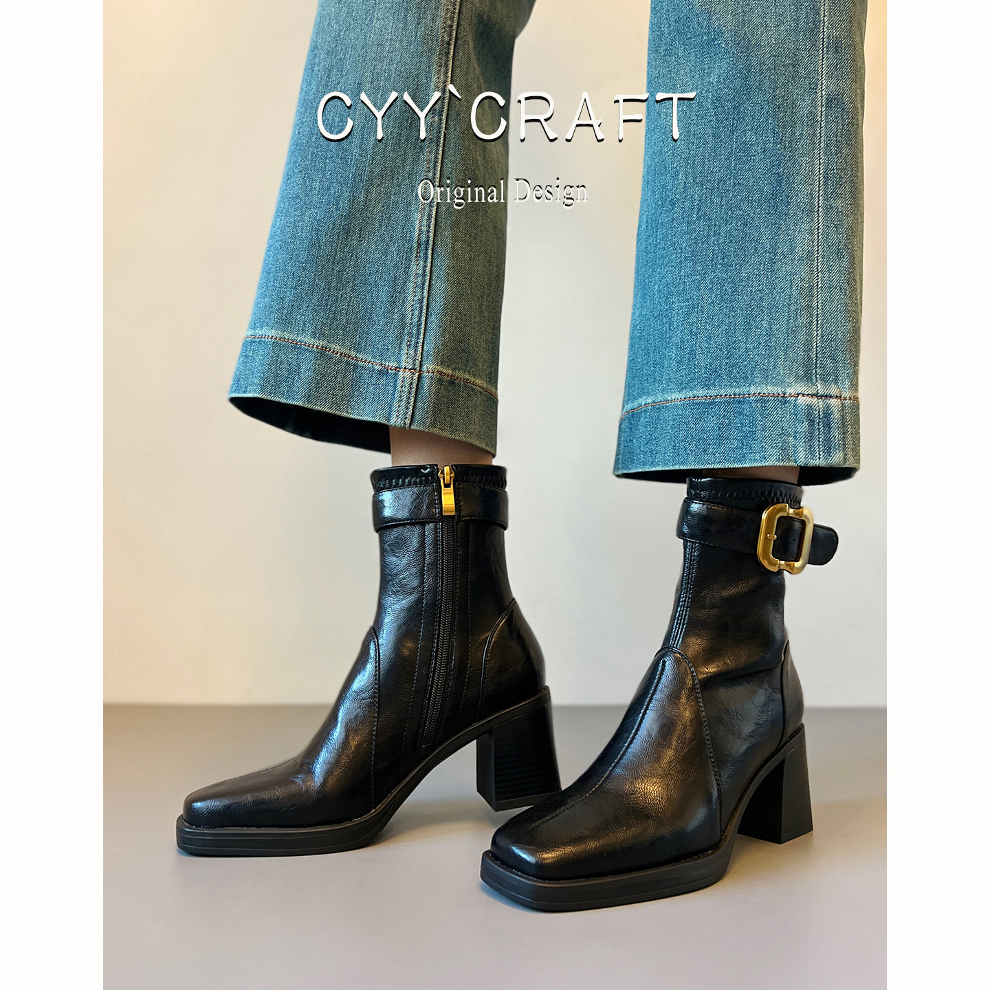 真皮~方头粗跟短靴女2025新款秋冬皮带扣机车靴百搭瘦瘦靴高跟靴