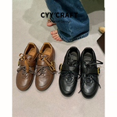 女新款 双鞋 带百搭黑色小皮鞋 牛皮皮带扣复古德训鞋 女休闲运动鞋 女