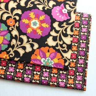 Vera 面料黑底紫黄小花清仓 bradley纯棉印花布料抱枕门帘桌布服装