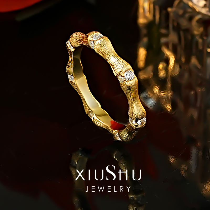 中古风金属拉丝925银竹节戒指