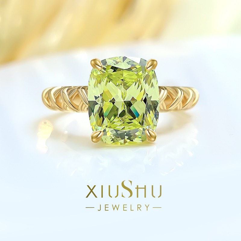 时尚简约橄榄绿高级感纯银长方戒指镶嵌进口高碳钻小众显白新款女