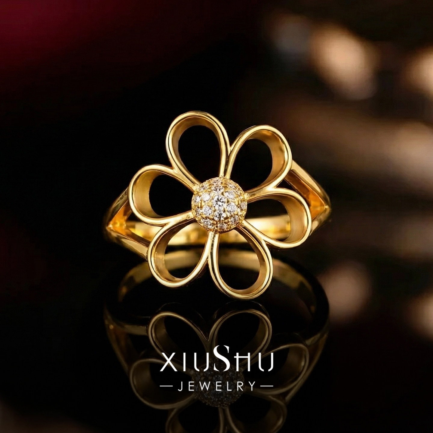 《一路生花》 925银镀18K黄金色镂空花朵戒指女甜美可爱小众设计