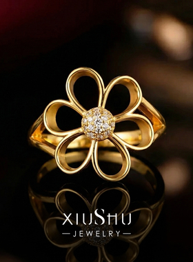 925银镀18K黄金色镂空花朵戒指