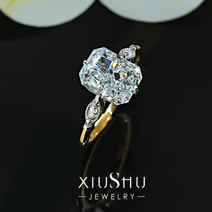 极简长方雷迪恩925银戒指镶嵌火彩高碳钻撞色设计送礼物求婚气质