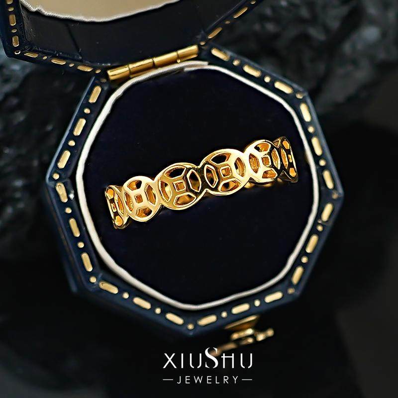 中古风铜钱925银镀金排戒