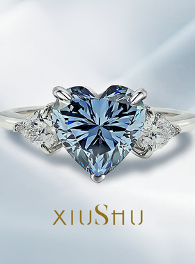 高级感3ct雾霾蓝心形925银戒指