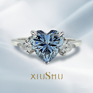 爆闪3ct 雾霾蓝心形 925 银戒指清冷氛围感冰花切割 雾蓝心焰