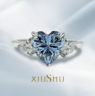 高级感3ct雾霾蓝心形925银戒指