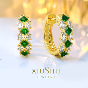 新款 耳钉纯银镶嵌祖母绿色轻奢耳饰百搭小众设计气质高级感女