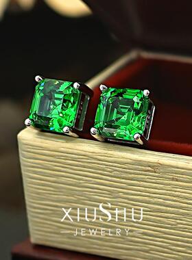 早春新品简约公主方钻祖母绿色耳钉宝塔切割925银耳饰简约日常