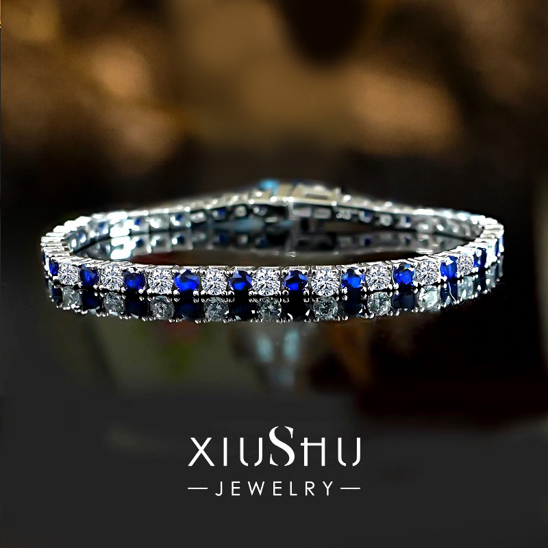 高级感蓝刚玉白钻925银手链
