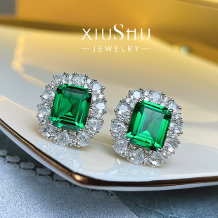纯银复古欧美祖母绿耳钉镀18k金高碳钻简单大气气质名媛E169