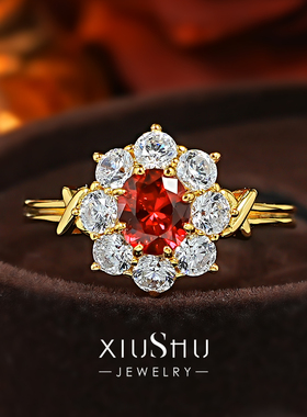 培育鸽血红宝石《焰蕊星芒》925银戒指复古宫廷风交叉X形戒臂珠宝