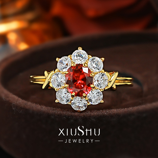 培育鸽血红宝石《焰蕊星芒》925银戒指复古宫廷风交叉X形戒臂珠宝