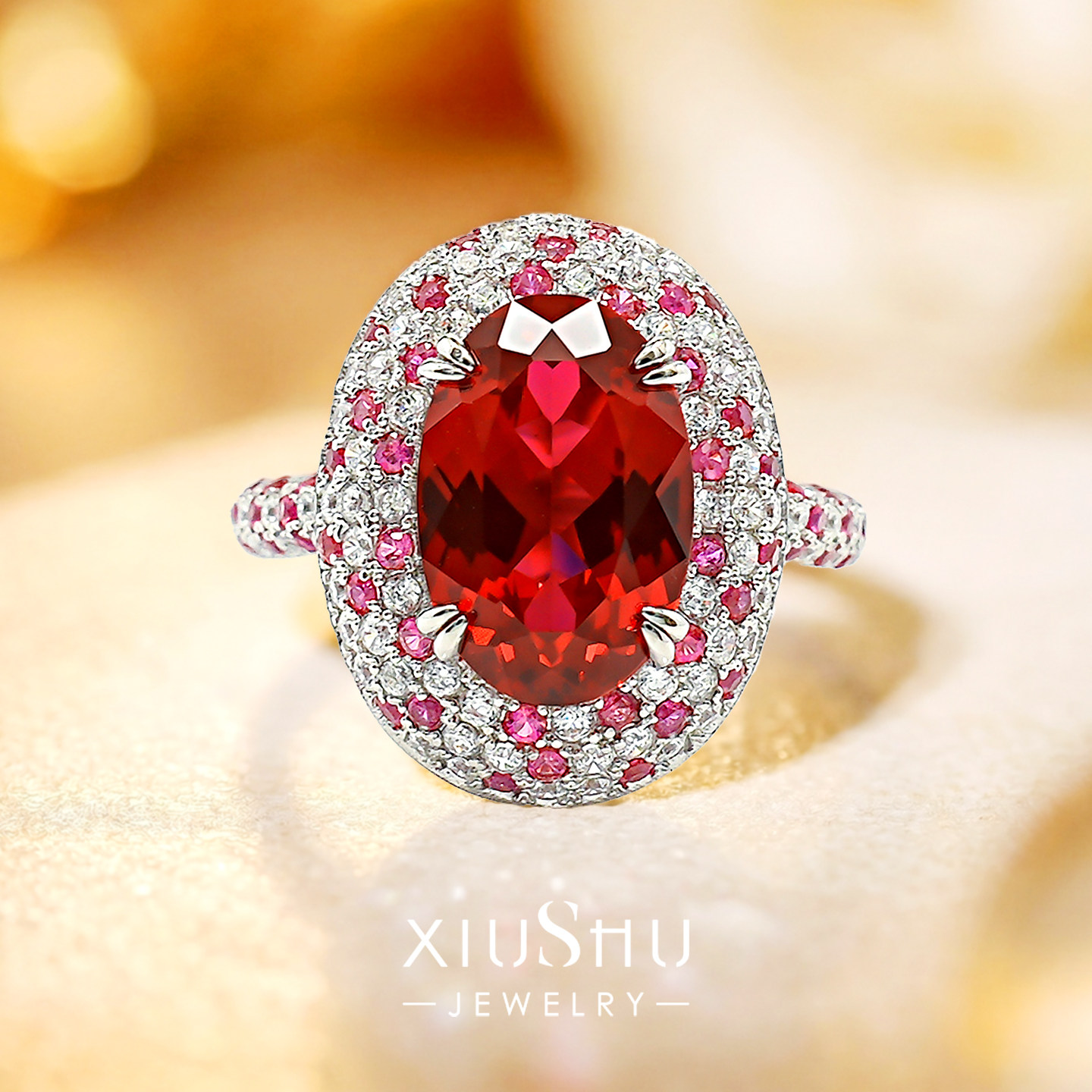 4.5ct培育鸽血红宝石925银戒指复古宫廷撞色小众设计轻奢珠宝首饰