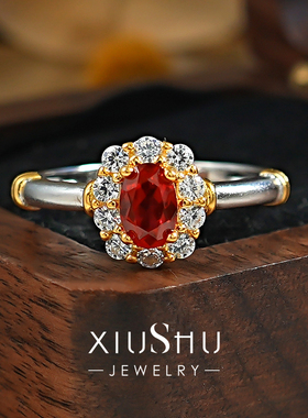 轻奢哑光戒面925银红刚玉蛋戒指