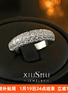 三面满钻密镶925纯银排钻戒指