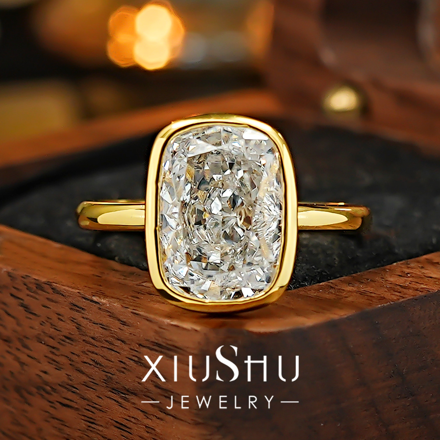 《月落枕边》925银镀18K黄金方糖戒指老钱风包镶嵌极简叠戴指环