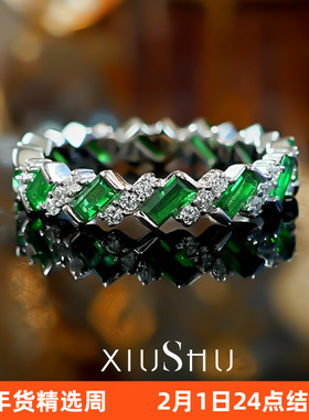 小众T方冰糖祖母绿斜镶排钻戒指S925纯银食指戒镶嵌高碳钻宽指环