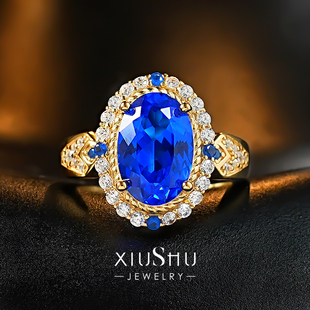 满火彩蓝小妖4.5ct培育宝石尖晶石《深海绮梦》925银戒指双色金围