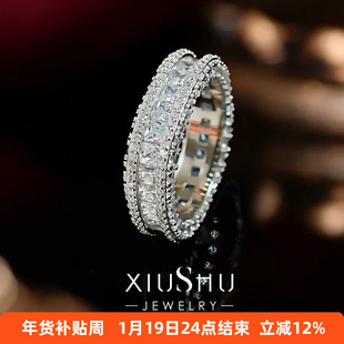 轻奢轨道镶内圆外方仿真钻戒指925银高碳钻排钻宽版食指指环情侣