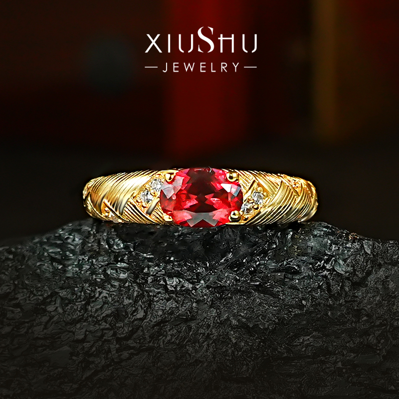 意大利拉丝工艺925银红宝戒指