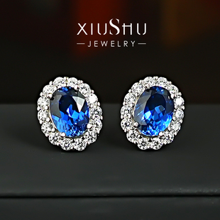 火彩1.5ct戴妃款 培育皇家蓝宝石耳钉椭圆鸽子蛋四爪镶嵌925银镀金