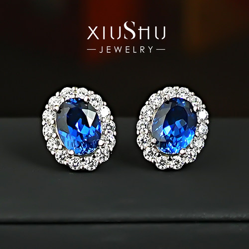 满火彩1.5ct皇家蓝925银耳钉