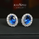 火彩1.5ct戴妃款 培育皇家蓝宝石耳钉椭圆鸽子蛋四爪镶嵌925银镀金