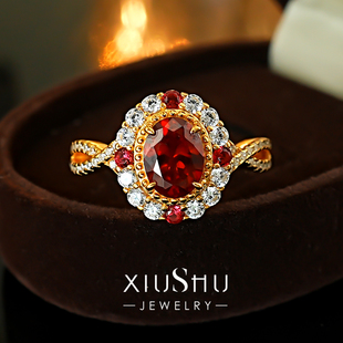 《 烈焰》1.5ct培育鸽血红宝石戒指925银镀黄金色轻奢日常款彩宝