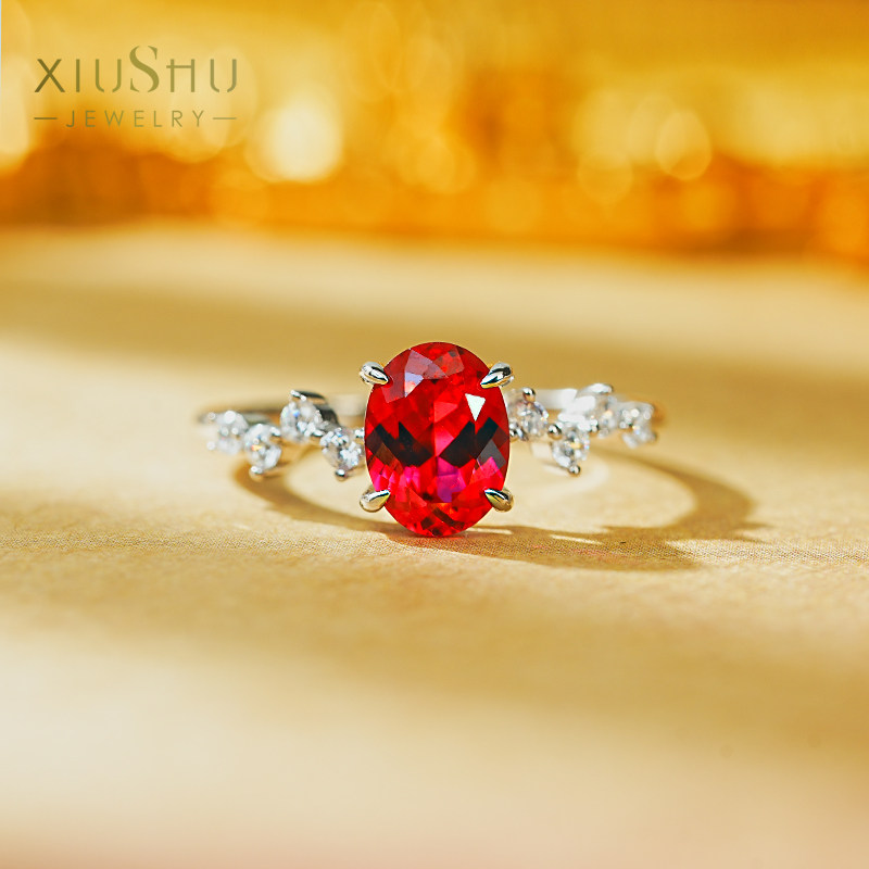 轻奢小众培育鸽血红宝石925银戒指镶嵌高碳钻日常气质简约复古