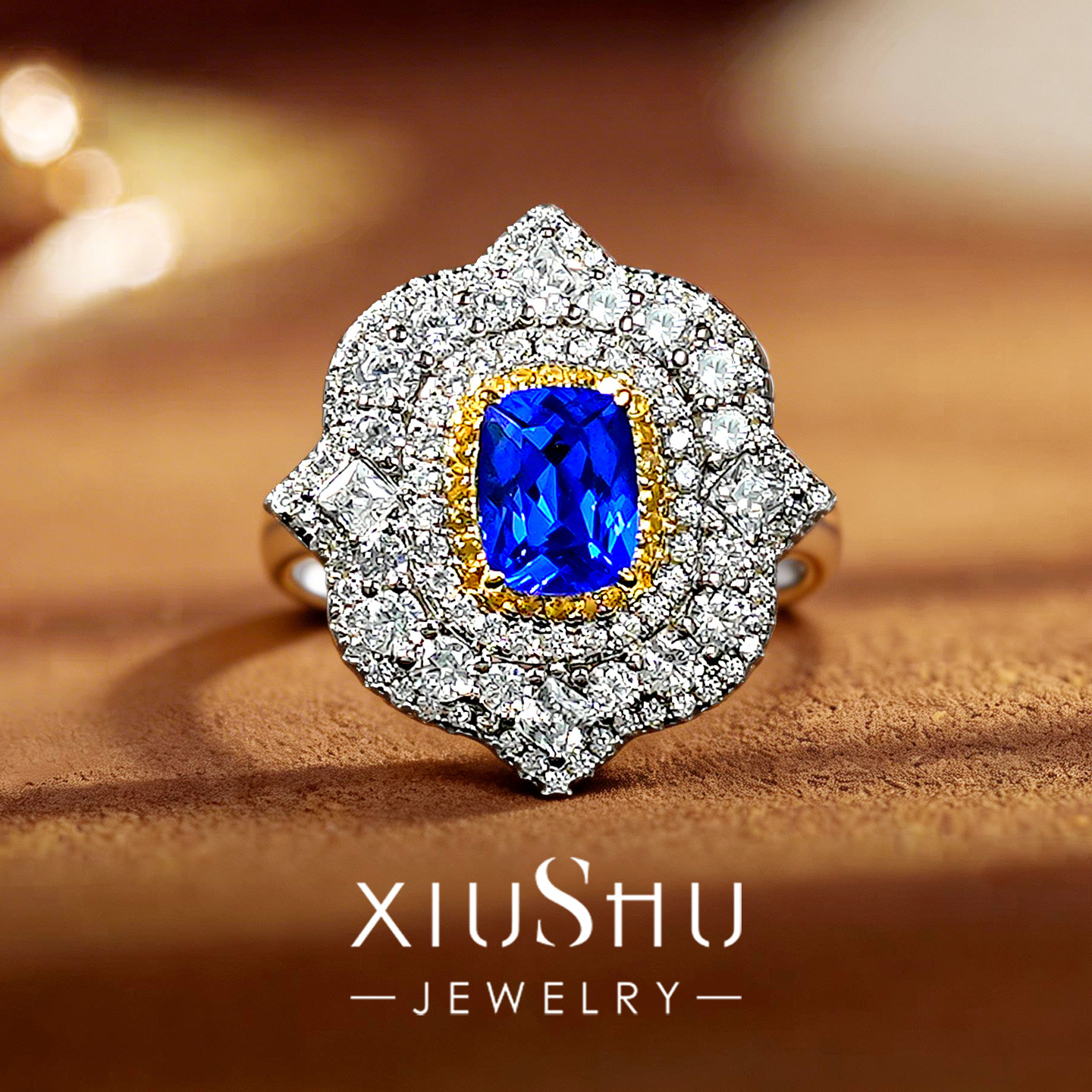 《凡尔赛花园 》2c蓝小妖培育尖晶石925银戒指双色金满钻食指新款