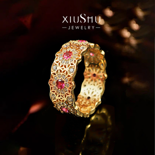 《玫瑰花窗》宫廷风鸽血红色925银镀黄金戒指女排戒指环新中式