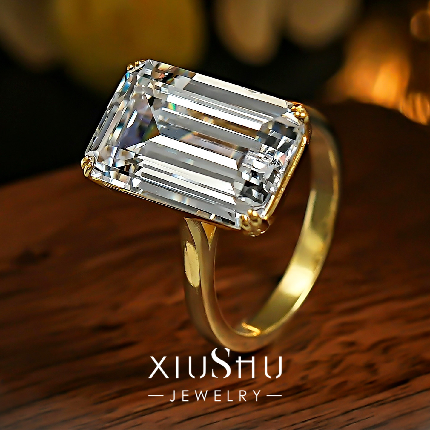 12ct「极简冰糖」祖母绿切高碳钻戒指长方光臂素圈镀黄金叠戴食指