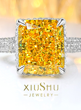 时尚简约925纯银长方黄钻戒指碎冰切镶嵌高碳钻气质小众设计百搭