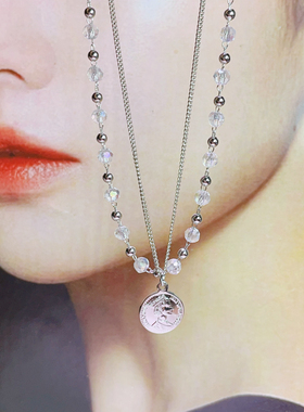 【清仓】原创设计双层精致仙女风水晶铜镀白金手作短项链女王牌