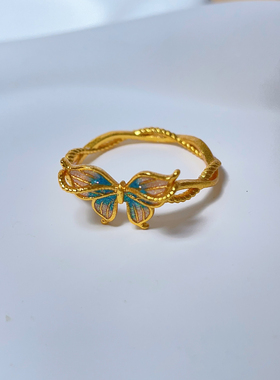 珐琅彩绝美梦幻蝴蝶蕾丝戒指女宫廷风烧蓝沙金食指指环固定15戒圈