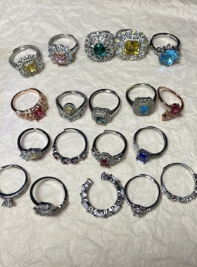 花花绿绿戒指合集-银托镀金可调节戒指莫桑排戒大水晶华丽丽饰品