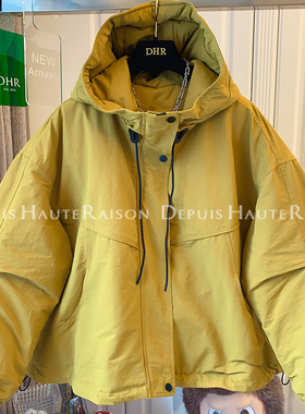 DHR 黄色休闲工装风连帽棉服棉衣宽松夹棉加厚外套女2025冬装新款