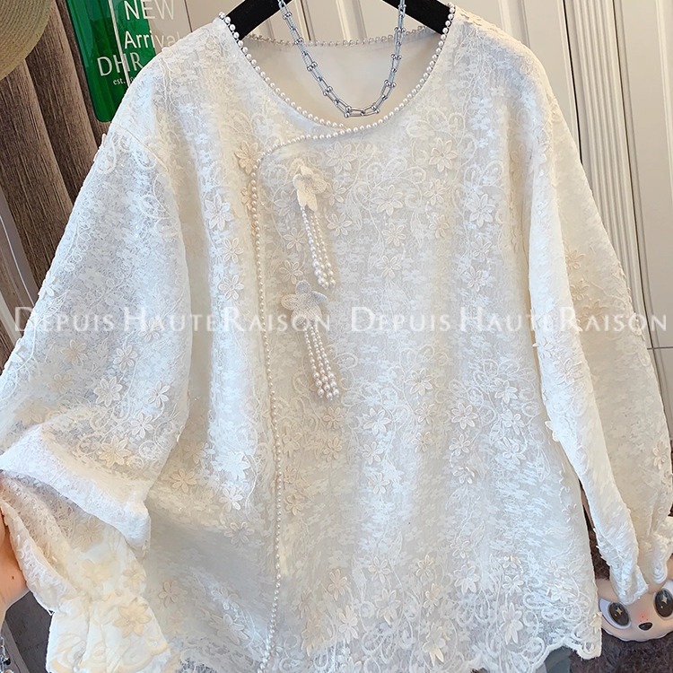 DHR高级感新中式珍珠蕾丝衫衬衫
