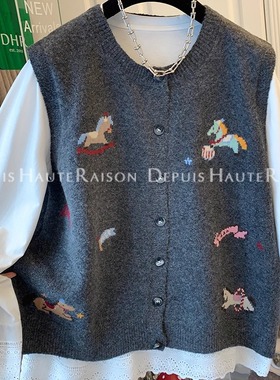 DHR 超好看减龄小马针织马甲背心蕾丝T恤打底衫毛衣两件套女冬季