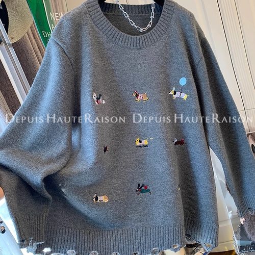 DHR独特减龄刺绣小狗破洞针织衫