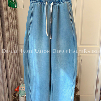 DHR休闲加绒蓝色牛仔拖地裤宽松